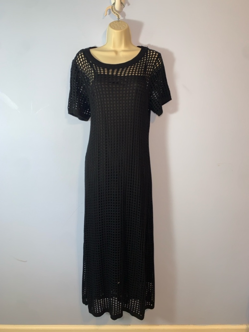 Prettygarden Black Crochet Knit Short Sleeve Maxi Dress layered sexy beach NWT M